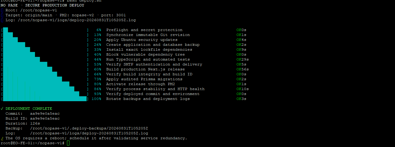 NO PASE secure production deployment completing every security and reliability validation stage